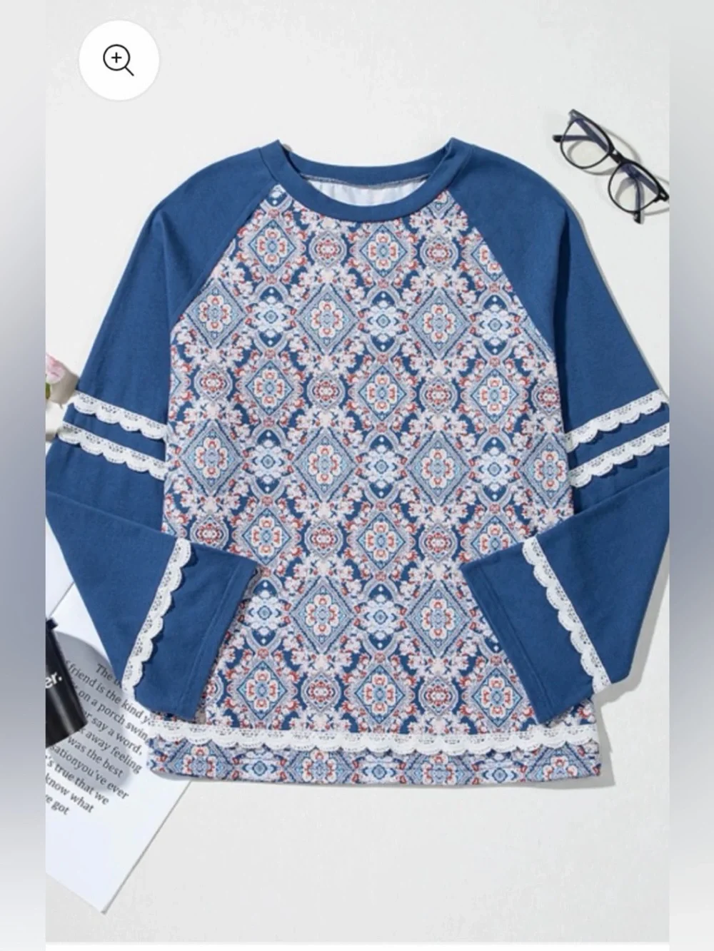 Blue paisley Patterned Boho Long Sleeve Top by POL - Picture 4 of 11